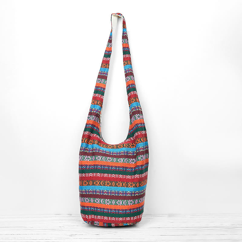 Buddhist Blessing Colored Geometric Stripes Pattern Cotton Crossbody Bag Shoulder Bag