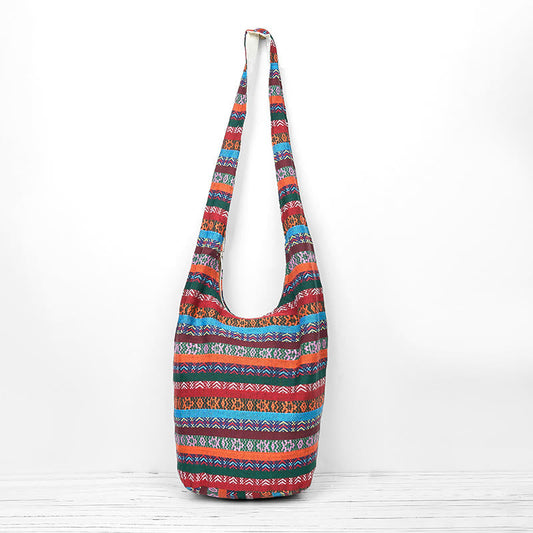 Buddhist Blessing Colored Geometric Stripes Pattern Cotton Crossbody Bag Shoulder Bag