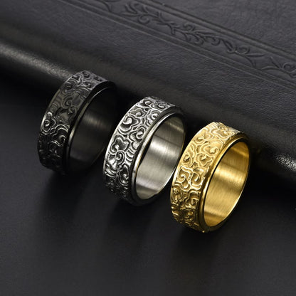 Buddhist Blessing Auspicious Clouds Pattern Carved Titanium Steel Balance Rotatable Ring
