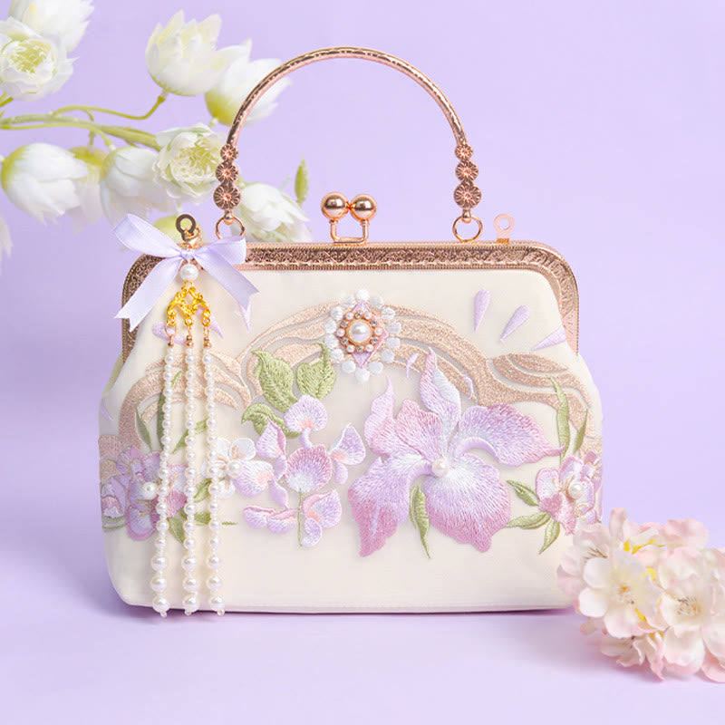 Buddhist Blessing Flowers Embroidered Tassel Pendant Pearl Metal Chain Crossbody Bag Handbags