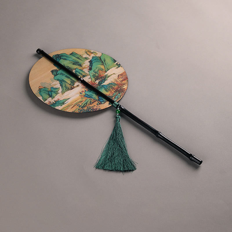 Buddhist Blessing Handmade Bamboo Thousand Miles of Rivers and Mountains Long Handle Portable Curlable Fan