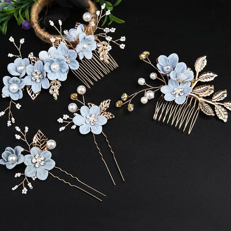 Buddhist Blessing 4Pcs Handmade Wedding Golden Leaf Flower Pearl Hairpin Hair Comb Set