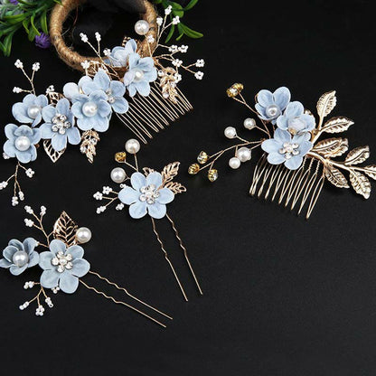 Buddhist Blessing 4Pcs Handmade Wedding Golden Leaf Flower Pearl Hairpin Hair Comb Set