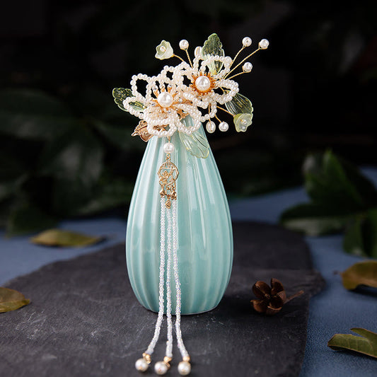 Buddhist Blessing Retro Style Flower Leaf Tassel Hair Clip