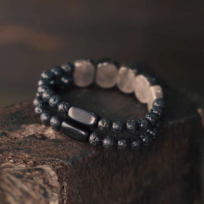 Buddhist Blessing Natural Silver Sheen Obsidian Lava Rock Communication Bracelet