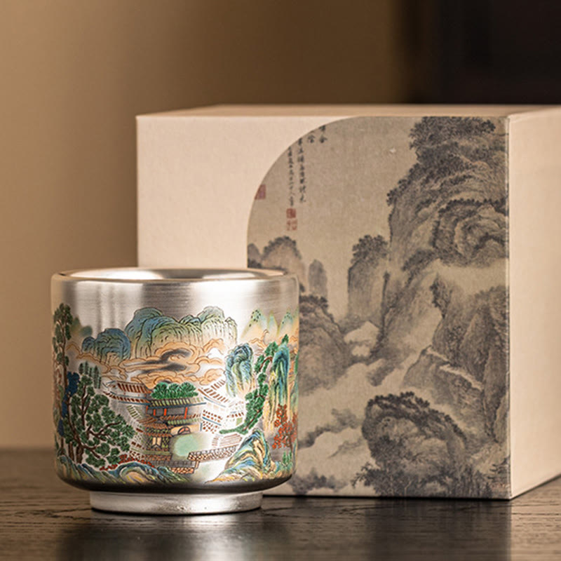 Buddhist Blessing Fish Lotus Seaweed Valley Mountains Pine Tree Dragon Teacup Kung Fu Tea Cup With Gift Box