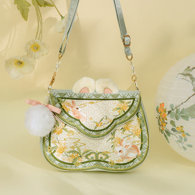 Buddhist Blessing Osmanthus Rabbit Embroidery Pearl Chain Furball Tassel Shoulder Bag Crossbody Bag