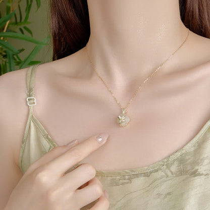 Buddhist Blessing 925 Sterling Silver Magnolia Butterfly Hetian Jade Four Leaf Clover Blessing Earrings Necklace Pendant