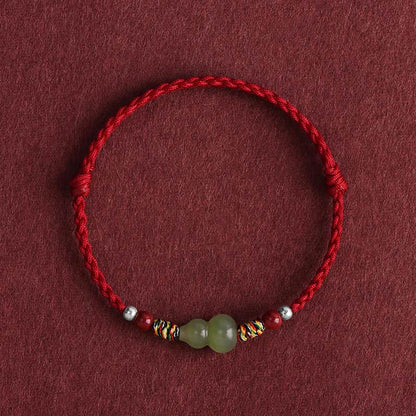 Buddhist Blessing Natural Hetian Jade Gourd Protection Luck Braided Bracelet Anklet