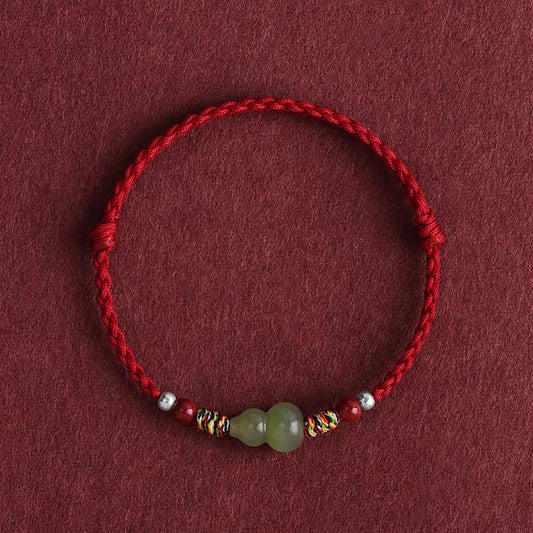 Buddhist Blessing Natural Hetian Jade Gourd Protection Luck Braided Bracelet Anklet