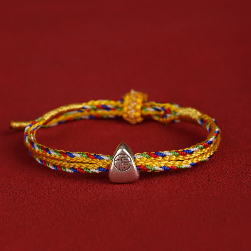 Buddhist Blessing 925 Sterling Silver Fu Character Luck Multicolored Rope Bracelet