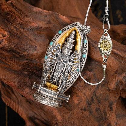 Buddhist Blessing 925 Sterling Silver Thousand-armed Guanyin Kwan Yin Avalokiteśvara Wealth Necklace Pendant