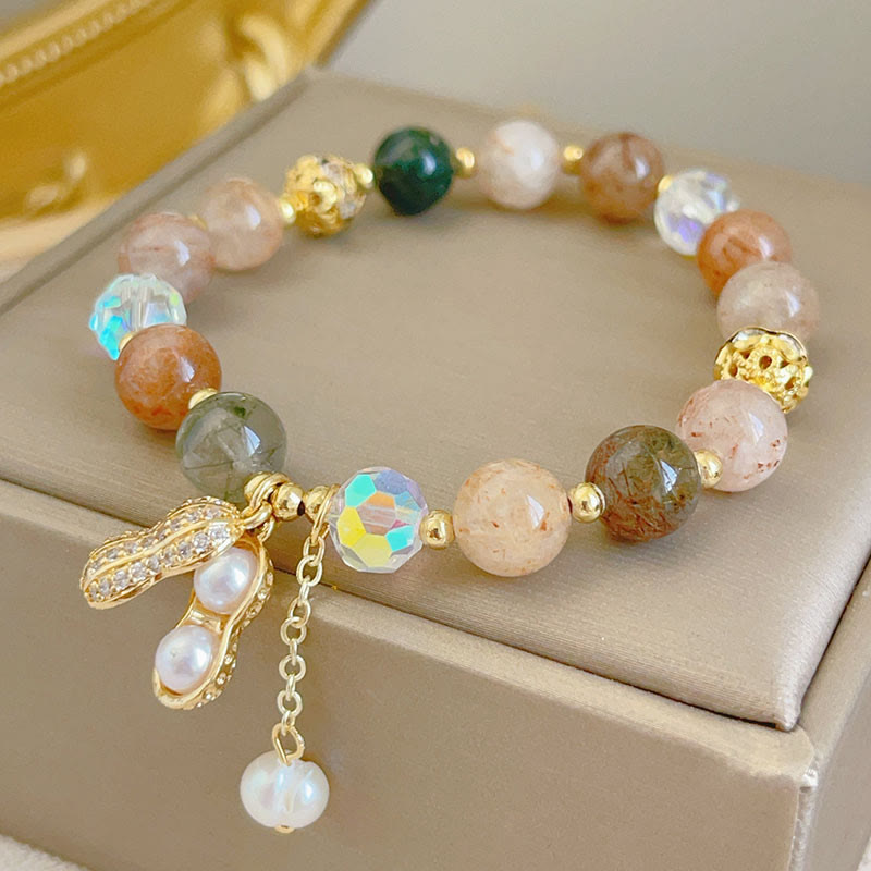 Buddhist Blessing Sun Stone Colorful Rutilated Quartz Wealth Peanut Charm Bracelet