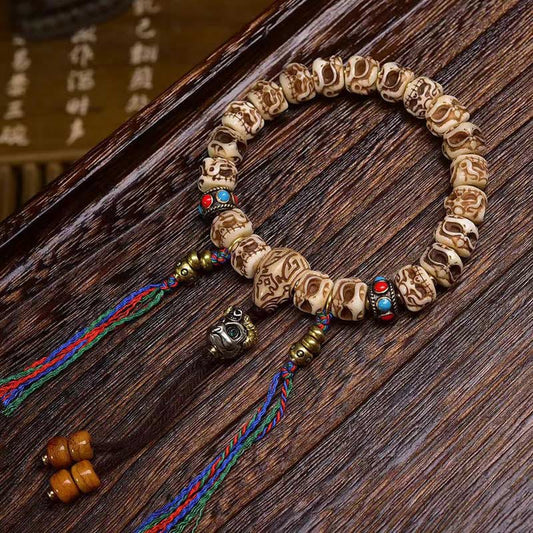 Buddhist Blessing Tibetan Camel Bone Garuda Carved Protection Tassel Bracelet