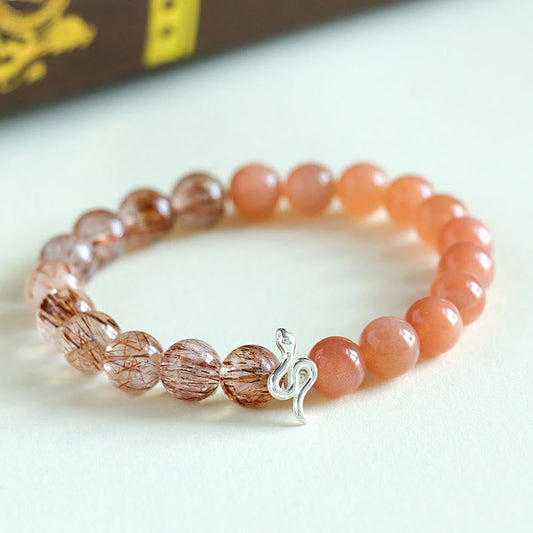 Buddhist Blessing Natural Sun Stone Super Seven Crystal Silver Sheen Obsidian Rutilated Quartz 925 Sterling Silver Year Of The Snake Positive Bracelet