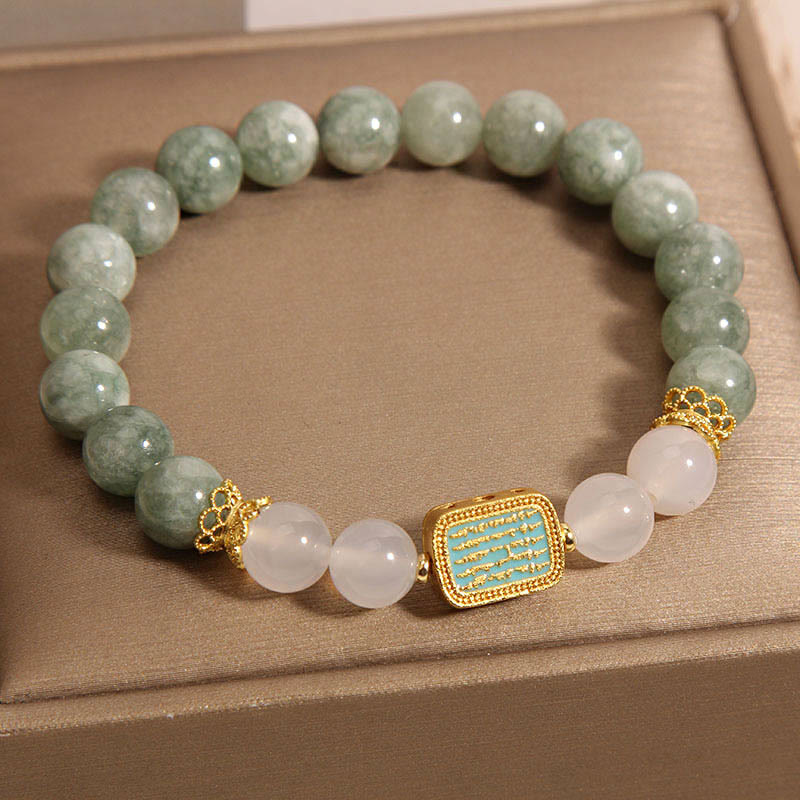 Buddhist Blessing Natural Green Jade White Agate Five Scriptures Abundance Bracelet
