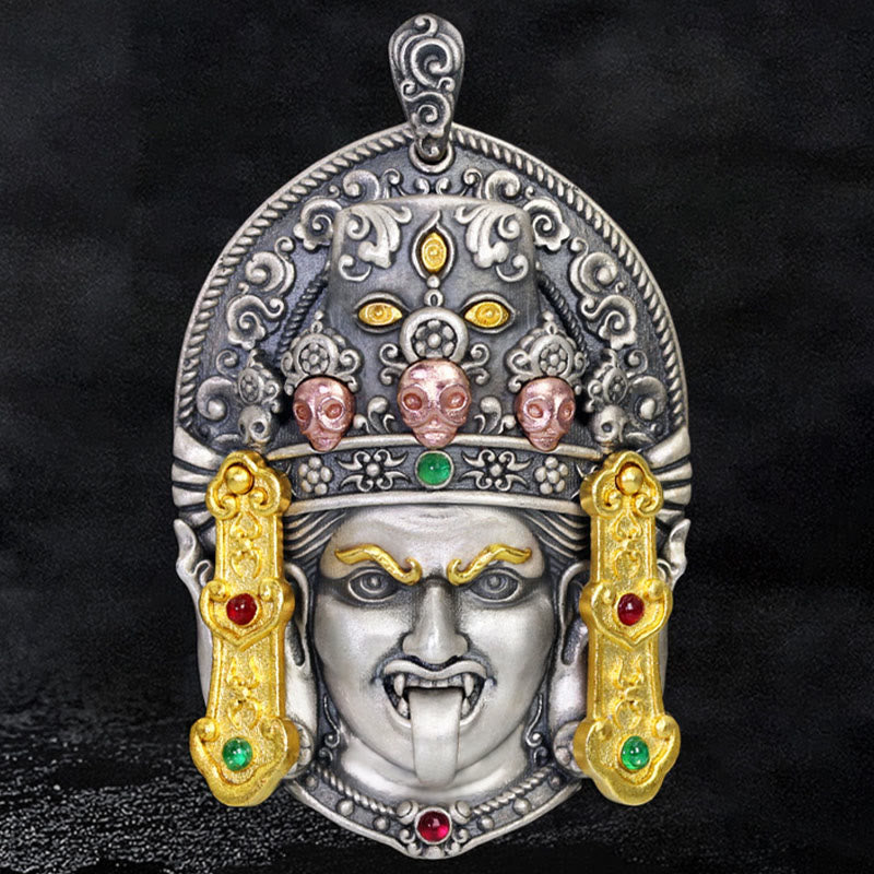 Buddhist Blessing 925 Sterling Silver Tibetan Zakiram Goddess of Wealth Keep Away Evil Spirits Necklace Pendant