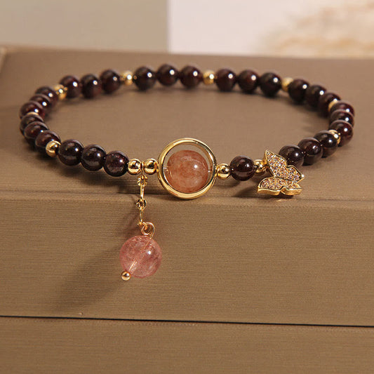 Buddhist Blessing Natural 3mm Ultra-thin Garnet Strawberry Quartz Butterfly Calm Bracelet