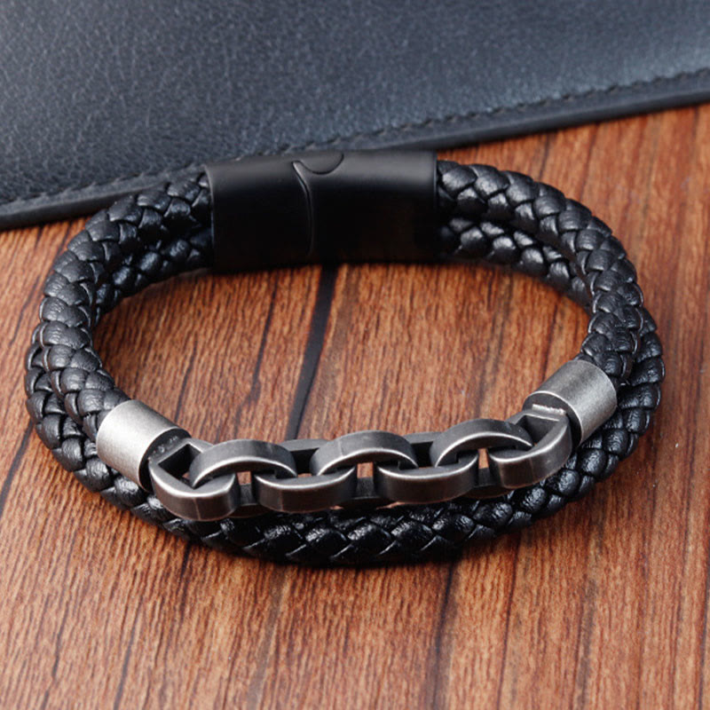 Buddhist Blessing Chain Design Titanium Steel Balance Leather Braided Buckle Bracelet