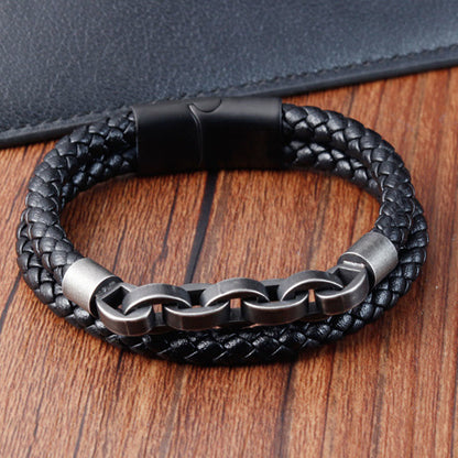 Buddhist Blessing Chain Design Titanium Steel Balance Leather Braided Buckle Bracelet