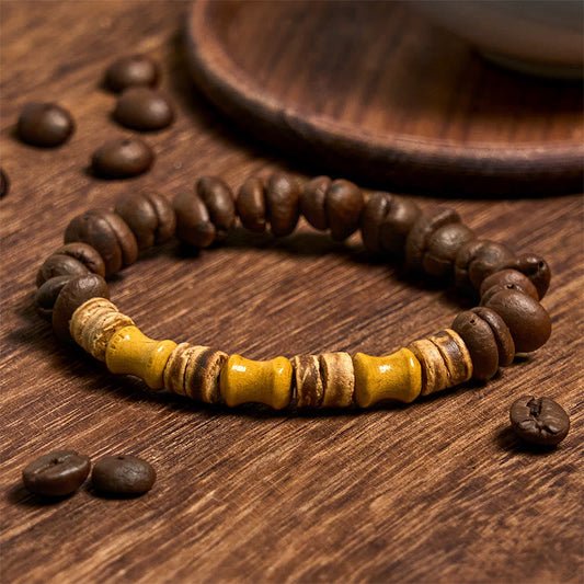 Buddhist Blessing Handmade Natural Coffee Beans Coconut Shell Bamboo Jade Positive Bracelet
