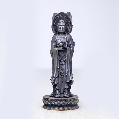 Buddhist Blessing Three-sided Kwan Yin Avalokitesvara Iron Powder Rust Cast Resin Statue Wealth Desk Decoration