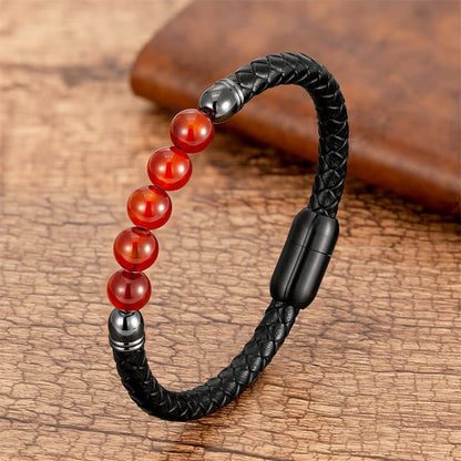 Buddhist Blessing Blue Agate Tiger Eye Lava Rock Black Onyx Lazurite Bead Protection Leather Bracelet