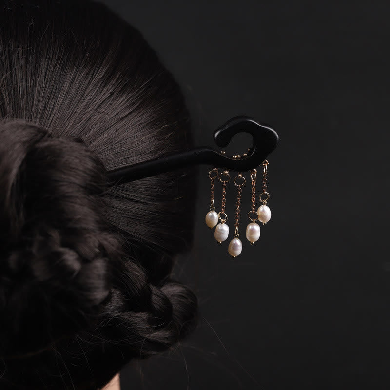 Buddhist Blessing Ebony Auspicious Cloud Pearl Tassel Protection Hairpin
