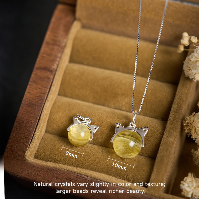 Buddhist Blessing 925 Sterling Silver Natural Golden Lepidolite Cat Prosperity Necklace Pendant
