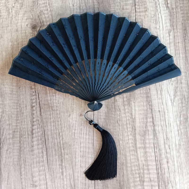 Buddhist Blessing Solid Color Hollow Flowers Embroidery Cotton Fabric Handheld Bamboo Folding Fan