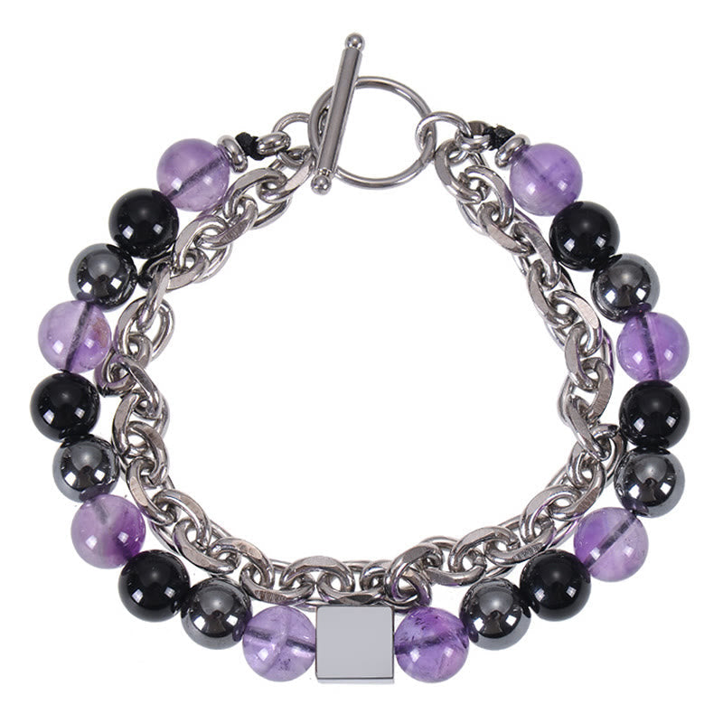 Buddhist Blessing Colorful Tiger Eye Frosted Stone Black Magnetite Titanium Steel Double Wrap Protection Bracelet