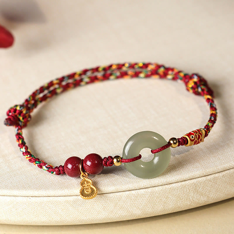 Buddhist Blessing Red String Black String Hetian Jade Peace Buckle Cinnabar 925 Silver Protection Bracelet