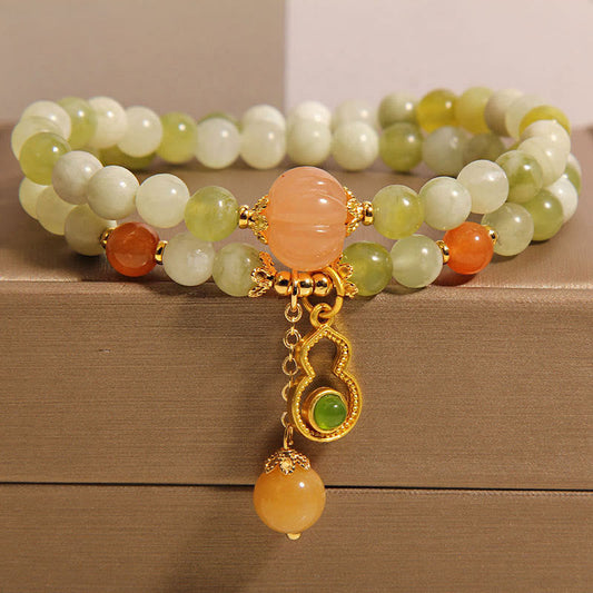 Buddhist Blessing Double Wrap Gourd Pumpkin Green Grape Serpentine Jade Luck Bracelet