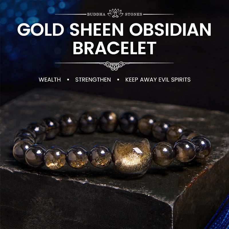 Buddhist Blessing Gold Sheen Obsidian Silver Sheen Obsidian Lovely Paw Lucky Cat Protection Bracelet