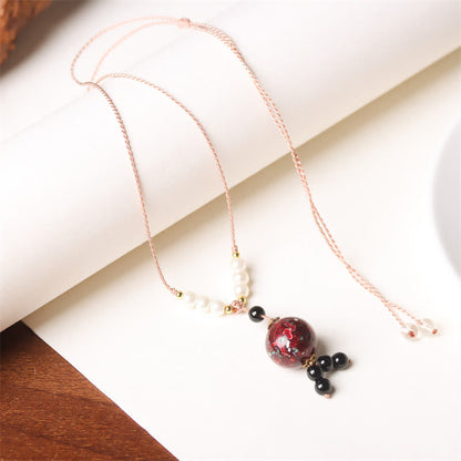 Buddhist Blessing Ebony Wood Aurora Lacquer Craft Bead Pearl Balance Necklace Pendant