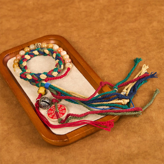 Buddhist Blessing Tibetan Mountain Ghosts Spend Money Colorful Chalcedony Double-Layer Colored Rope Tassel Positive Bracelet