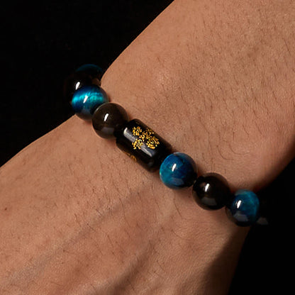 Buddhist Blessing Silver Sheen Obsidian Blue Tiger Eye Black Onyx Five Elements Protection Bracelet