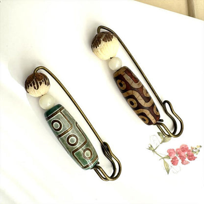 Buddhist Blessing Nine-Eye Dzi Bead Bodhi Seed Lotus Protection Brooch