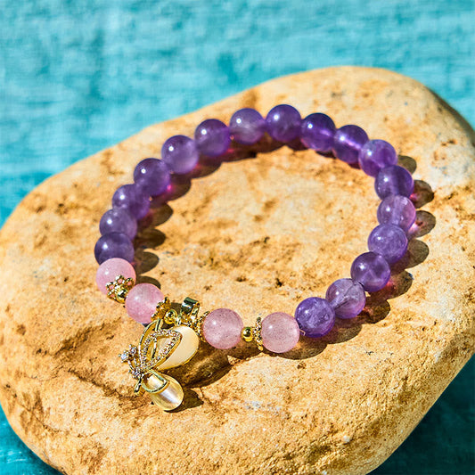 Buddhist Blessing Natural Amethyst Strawberry Quartz Crystal Healing Butterfly Charm Bracelet