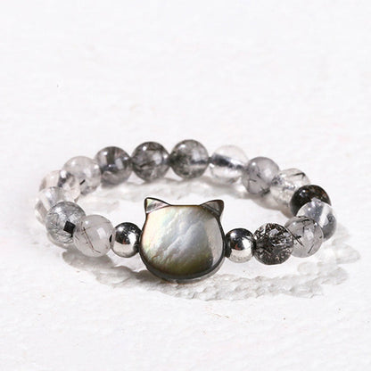 Buddhist Blessing 3mm Black Rutilated Quartz Tridacna Stone Rabbit Cat Ring