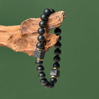 Buddhist Blessing Natural Frosted Black Onyx Square Lava Rock Fortune Bracelet