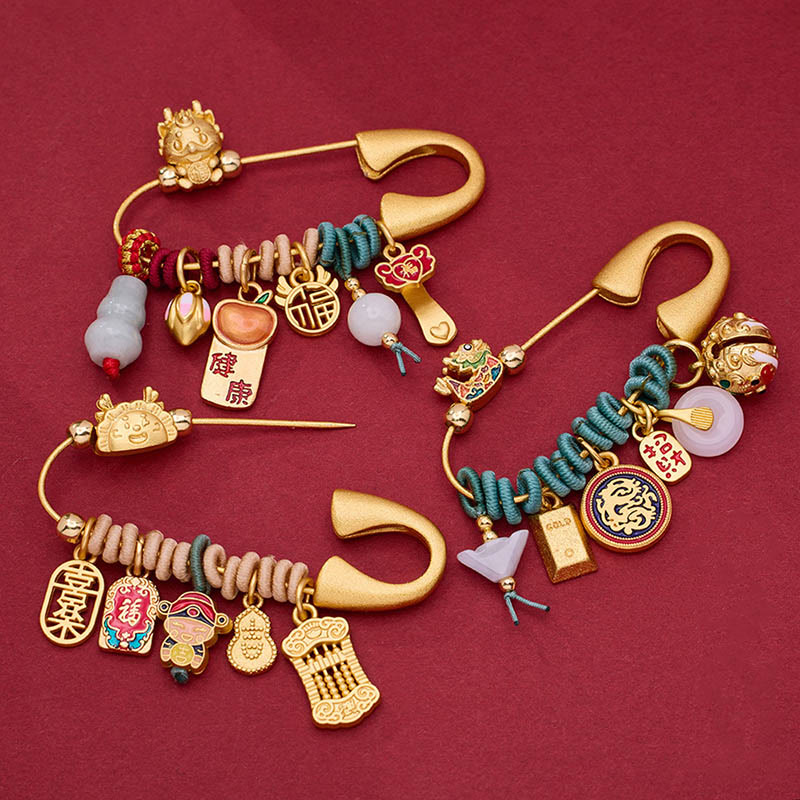 Buddhist Blessing Dragon Fu Character Attract Fortune Brass Protection Brooch