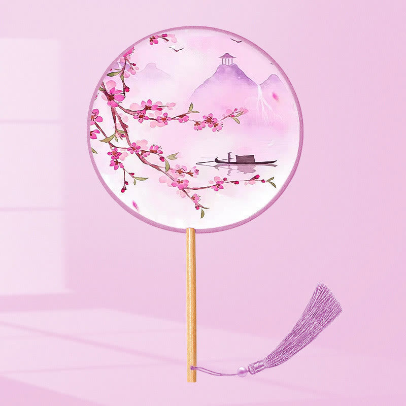 Buddhist Blessing Ginkgo Leaf Koi Fish Cherry Blossom Spring Flowers Handheld Wood Handle Fan