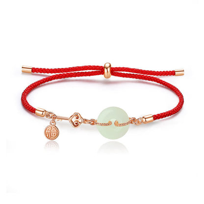 Buddhist Blessing Natural Hetian Jade Peace Buckle 925 Sterling Silver Red String Fu Character Protection Luck Bracelet