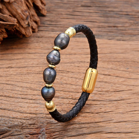 Buddhist Blessing Handmade Irregular Shaped Pearls Healing Leather Titanium Steel Buckle Bracelet