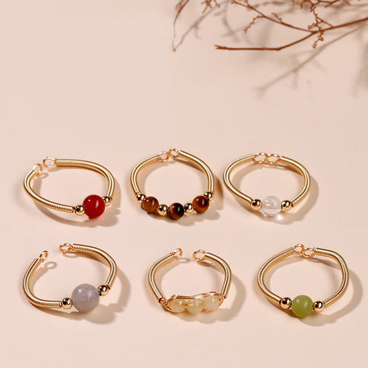 Buddhist Blessing Natural Stone Bead Alloy Healing Open Ring