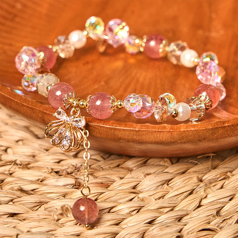 Buddhist Blessing Natural Strawberry Quartz Pearl Shell Positive Bracelet