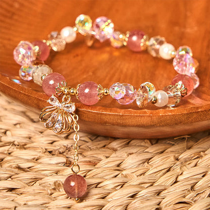 Buddhist Blessing Natural Strawberry Quartz Pearl Shell Positive Bracelet