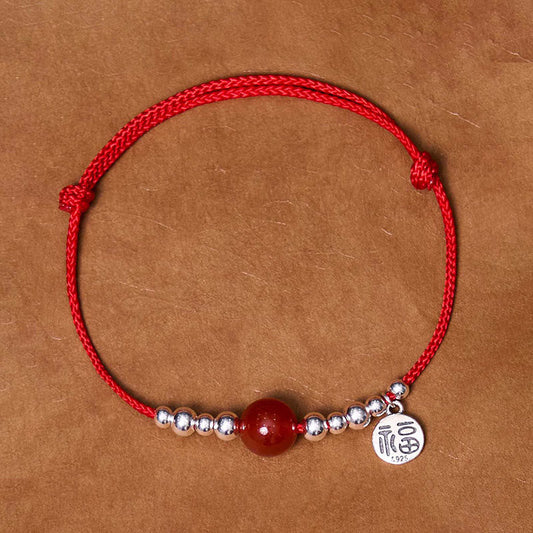 Buddhist Blessing Handmade 925 Sterling Silver Fu Character Red Agate Fortune Braided Ultra-Thin Rope Bracelet