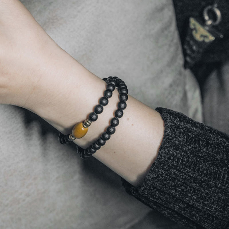 Buddhist Blessing Frosted Cut Surface Black Onyx Topaz Beads Double Wrap Protection Bracelet